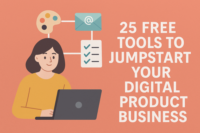 25 Free Digital Product Tools to Jumpstart Your Business - 2 – Miss K Digital image showing woman working on laptop thinking of the 25 free digital product tools that could jumpstart her business